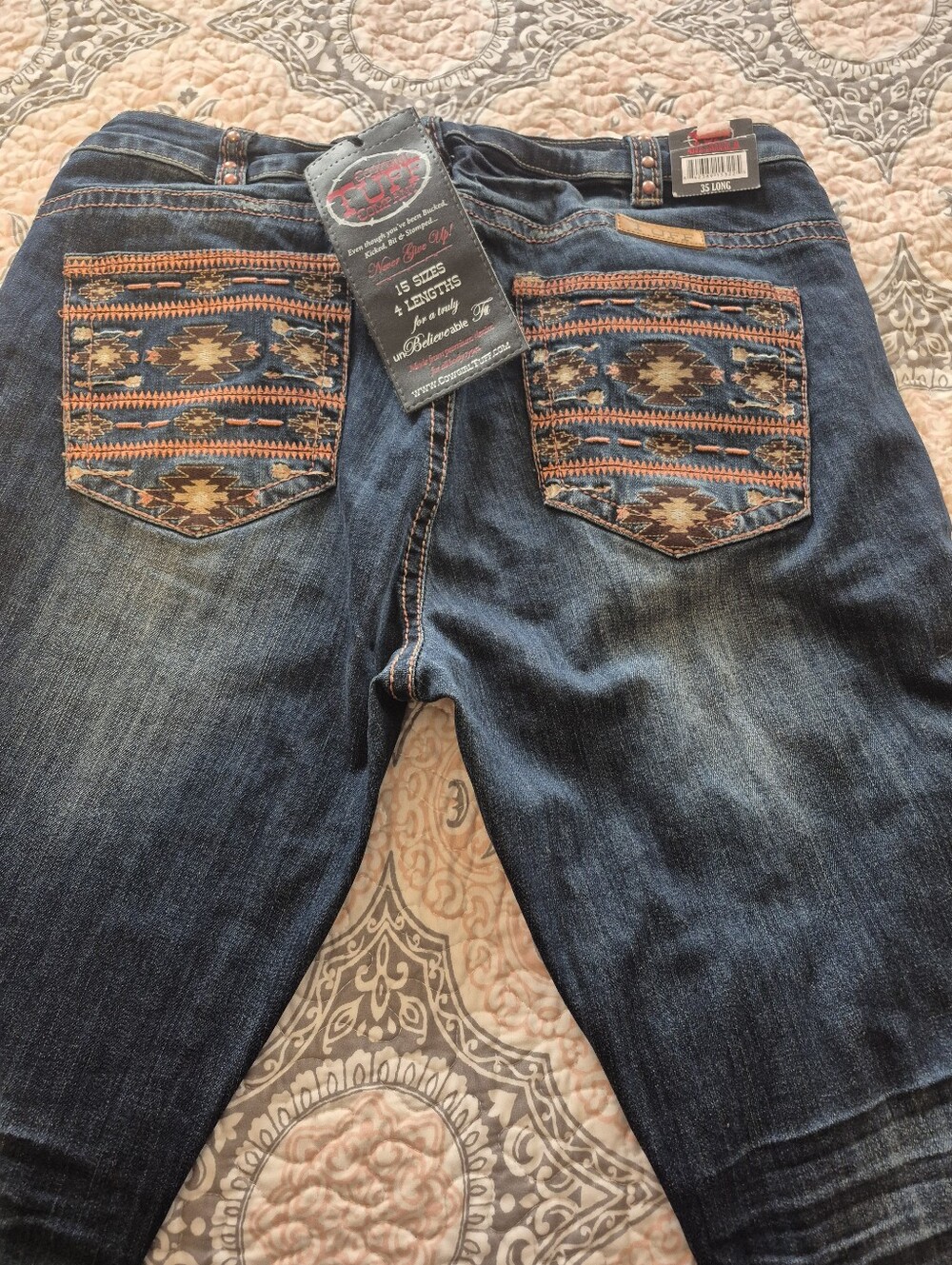 WOMENS Dark Blue Denim JEANS with Aztec-Pattern Back Pockets